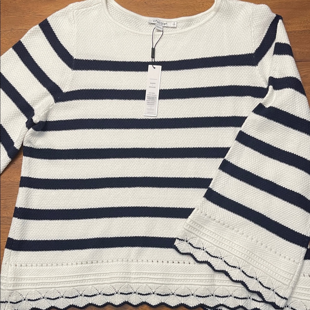 NWT Chico's Navy and White (Ecru) Striped Pointelle Lightweight Sweater Sz 2 Lg